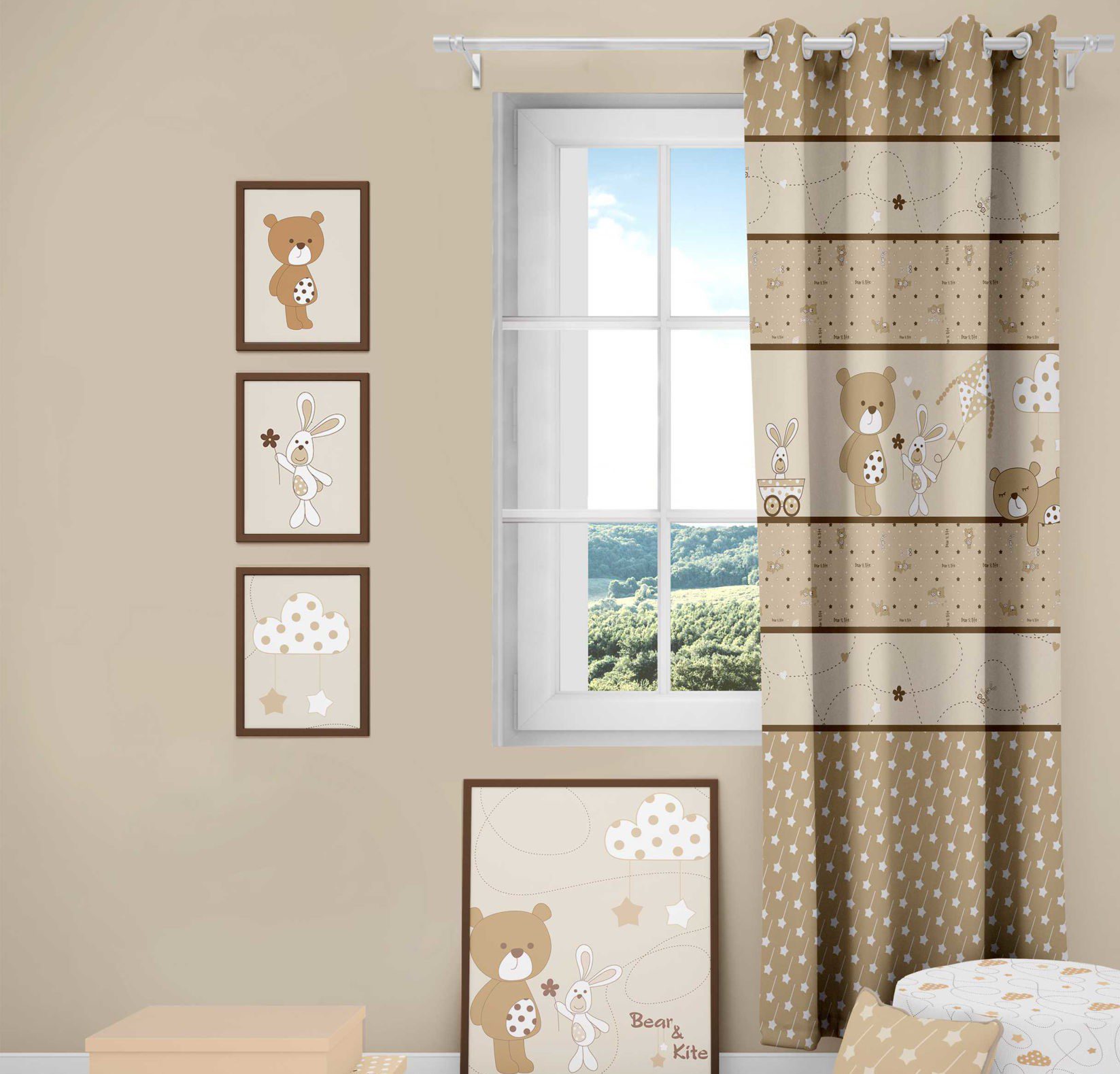 پرده اتاق کودک رزبرن طرح bear & kite